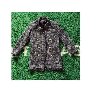 ZARA WOMAN Tweed Fringe Double Breasted Jacket Coat Gold Button Multi Color